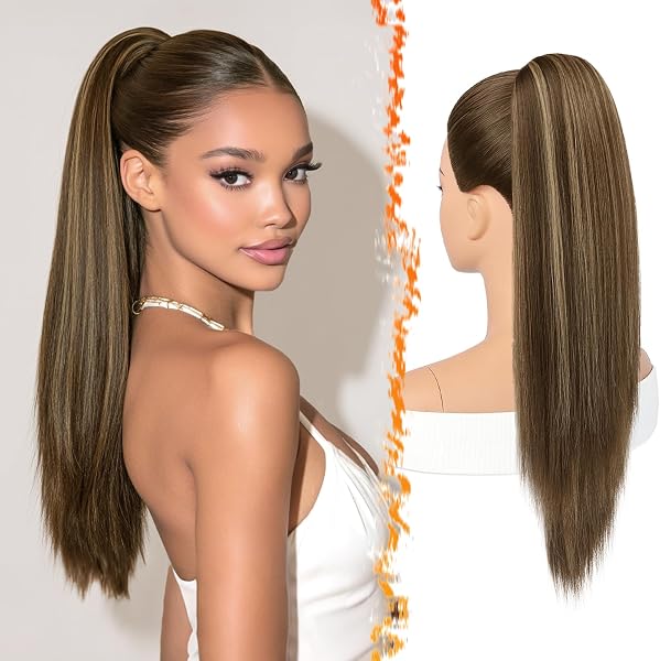 BARSDAR Lisci Coda Capelli Extension, 55cm Lunga Lisci Coda di Cavallo Extension con Coulisse Naturale Sintetici Cheer Posh Ponytail Capelli Extensions Posticci Cheer Competition - Marrone con Biondo - 1