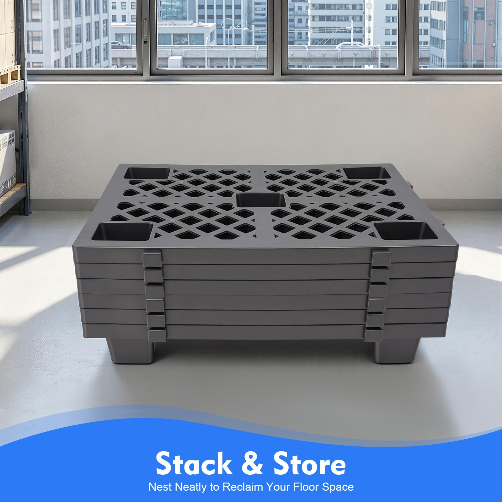 Set di 6 pallet in plastica da 60 x 40 x 10 cm, con giunto | Portata 100 kg per pallet, impilabile e bloccabile, superficie antiscivolo, piedini per stabilità