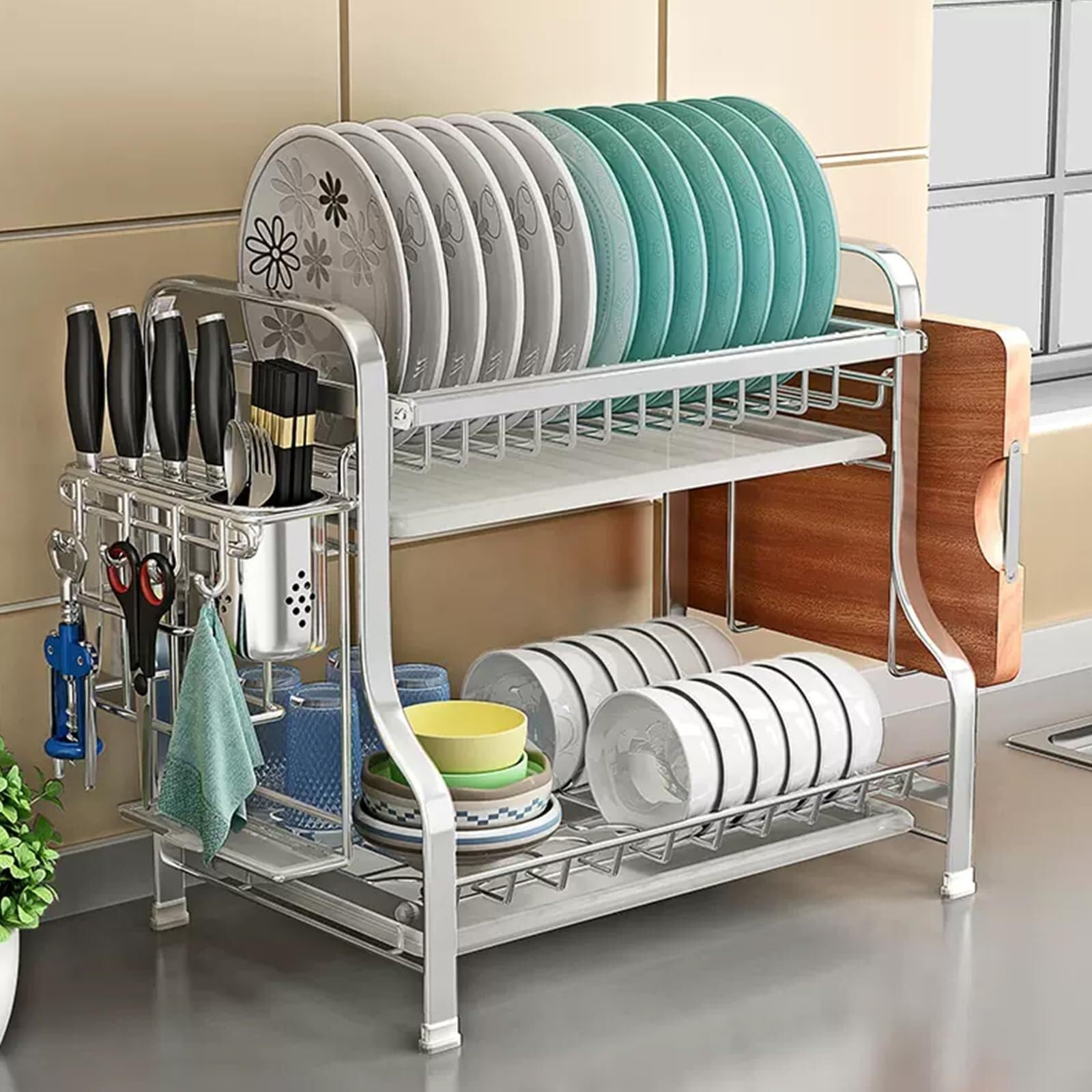 Stainless Steel 3-Tier Dish Drying Rack Over Sink with Cutting Board Holder Utensil Caddy - Space-Saving Kitchen Organizer