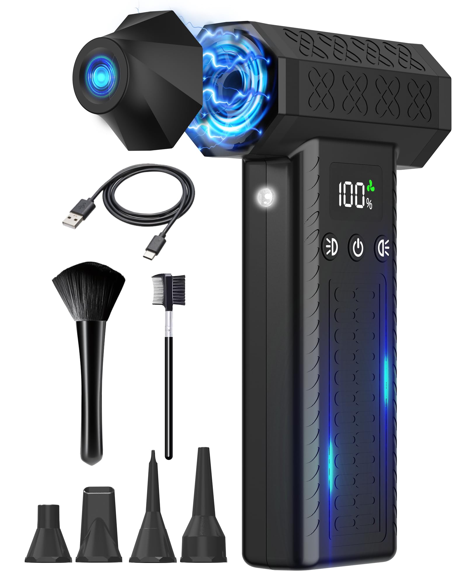 Raydyn充電式エアダスター 強力&小型ミニブロワー 電動 カメラブロアー 30,0000RPM&120m/s&8000mAh&3段風力階調整 すきまブラシとノズル付 残量表示 pc/キーボード/パソコン掃除