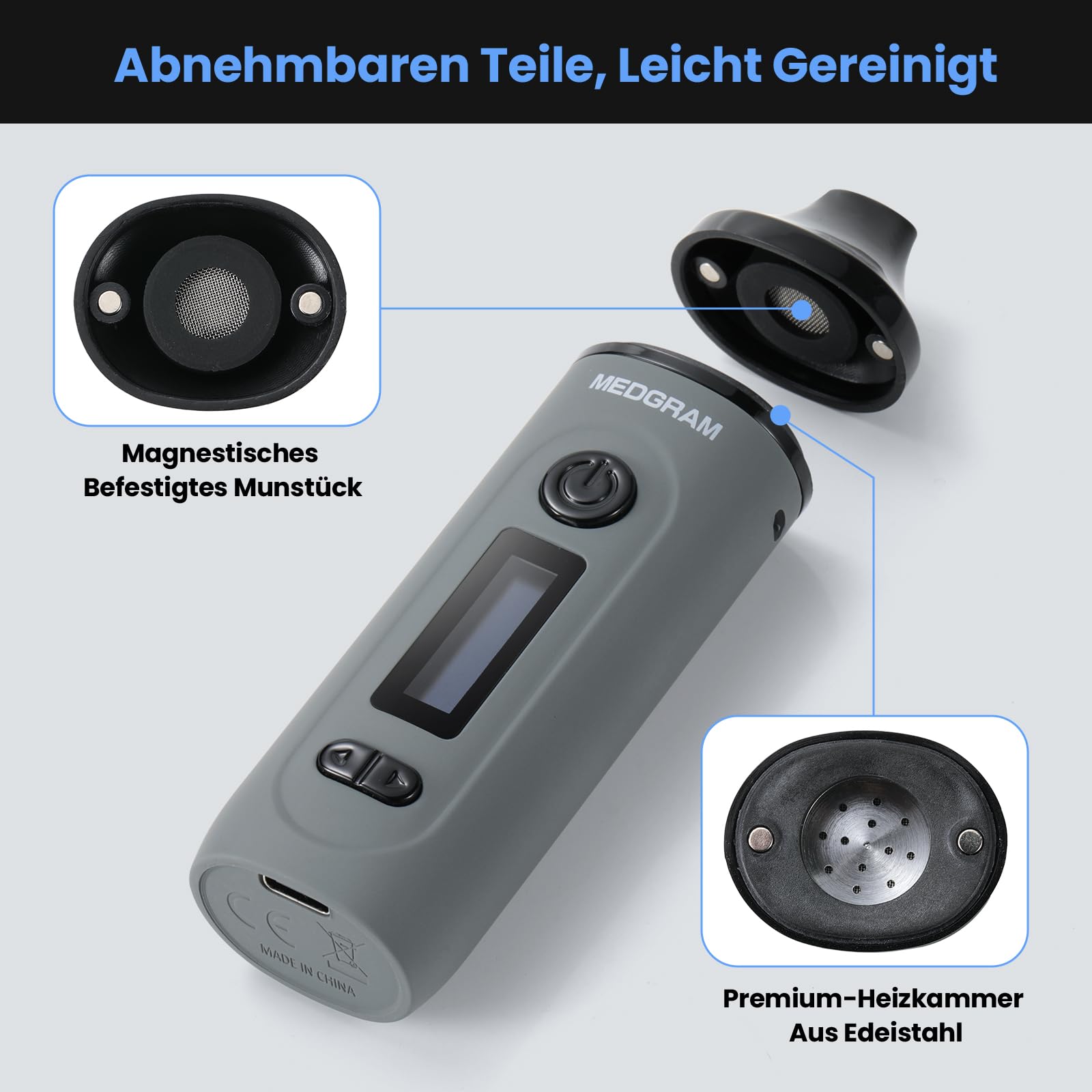 Vaporizer Kräuter | MEDGRAM Präzise Temperatureinstellung 93-220℃ | LCD Display | Magnetisches Slide-In-Mundstück | Einfache Reinigung