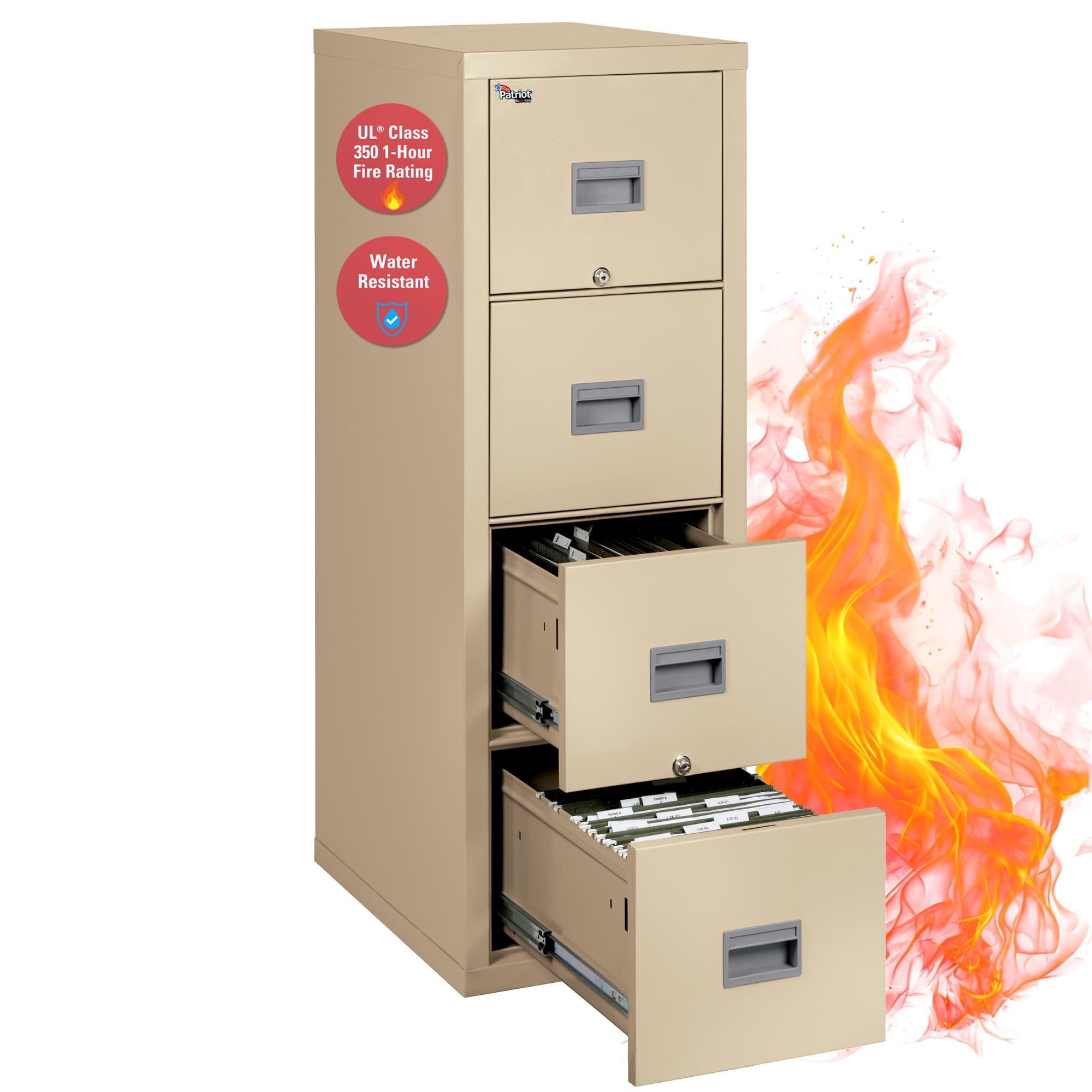 FireKing Patriot Vertical 4 Drawer Legal & Letter Fire Safe File Cabinet, Key Lock, 1 Hour Fire Rated UL Rated & Water Resistant, USA Made, Parchment
