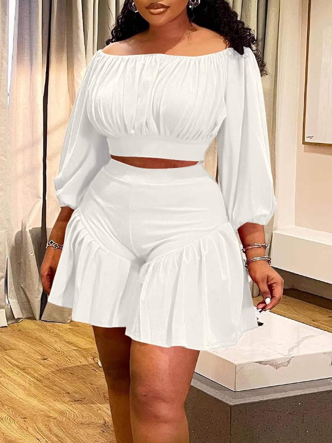 Women's Plus Size 2 Piece Outfits Off Shoulder Long Lantern Sleeve Crop Top and Ruffle Shorts Set - Image 4