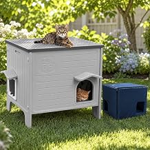 Rockever Outdoor Cat House for Summer, Elevated Waterproof Pet Shelter with Breathable Insulated Liner, Comfortable Outdoor Cat Home with Escape Door, All-Season Shelter for Cats M,Grey&Liner