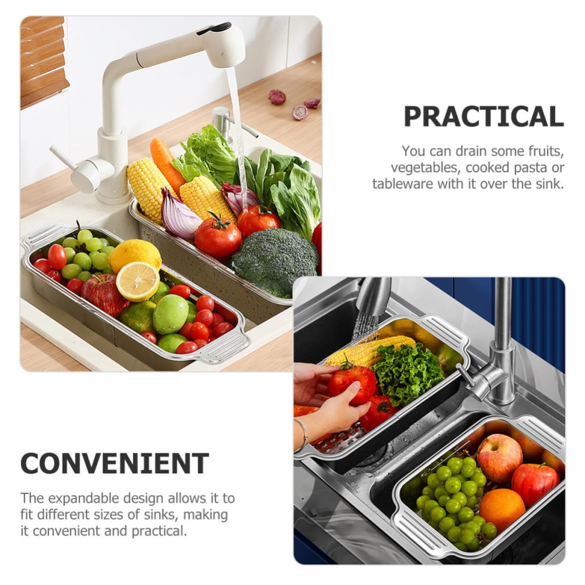 Genérico Cesta Extensible de Drenaje de Acero Inoxidable 304 para Fregadero, Escurridor de Verduras y Pasta Cocida, Estante Multifuncional para Cocina Fregadero