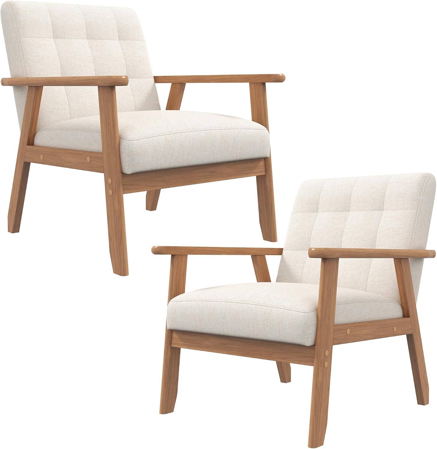 Accent Chair Set of 2, Mid-Century Modern Living Room Chairs with Solid Wood Frame & Soft Thicken Cushion, Upholstered Arm Reading Chair for Bedroom, Balcony, Beige Linen Fabric & Natural Legs