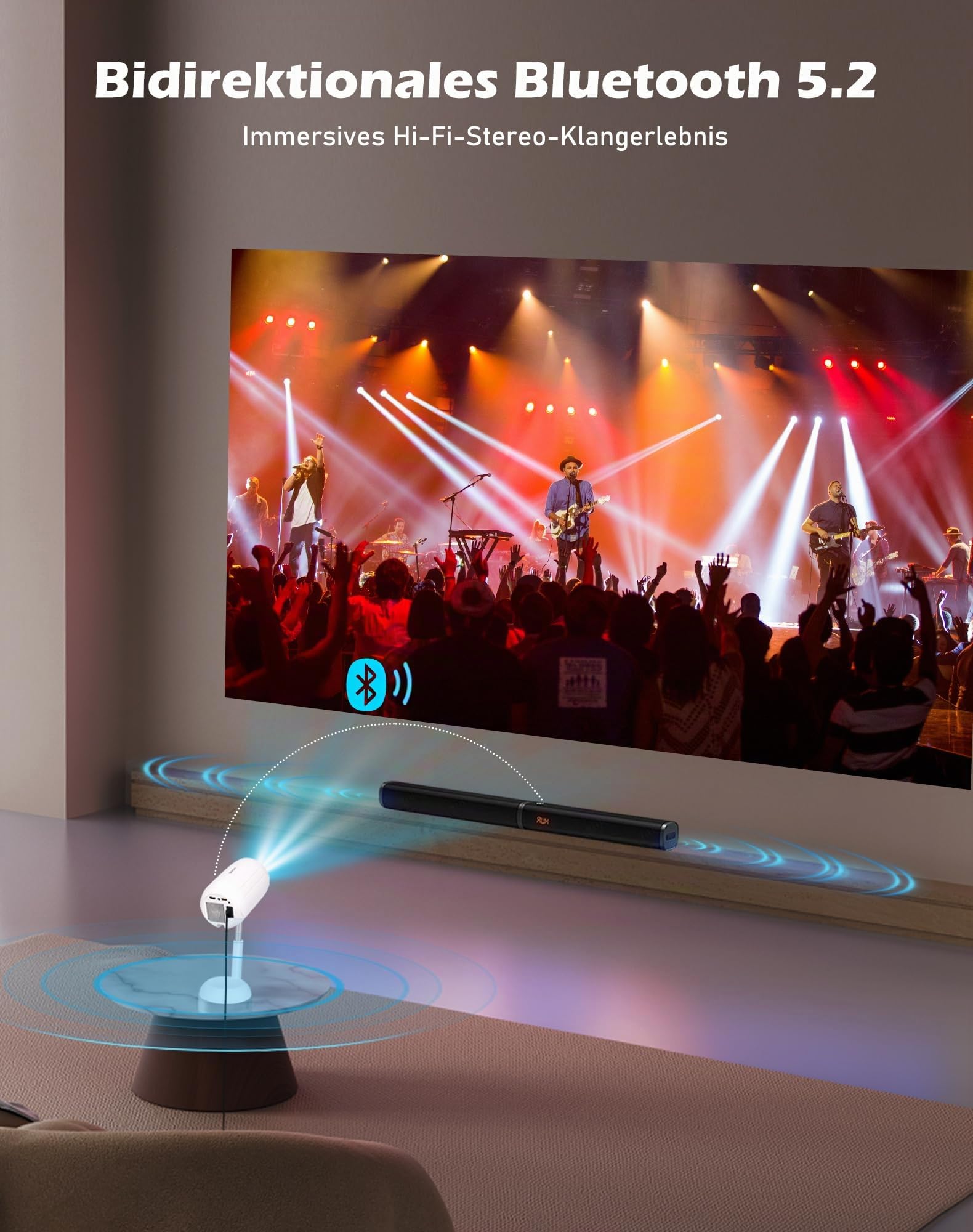 VGKE Mini Beamer mit Android-App, 3D TOF-Autofokus, Automatische Trapezkorrektur, 16000 Lumen Full HD 4K Unterstützung, WiFi6 Bluetooth Tragbarer Projektor für Outdoor/Handy/Laptop, Weiß