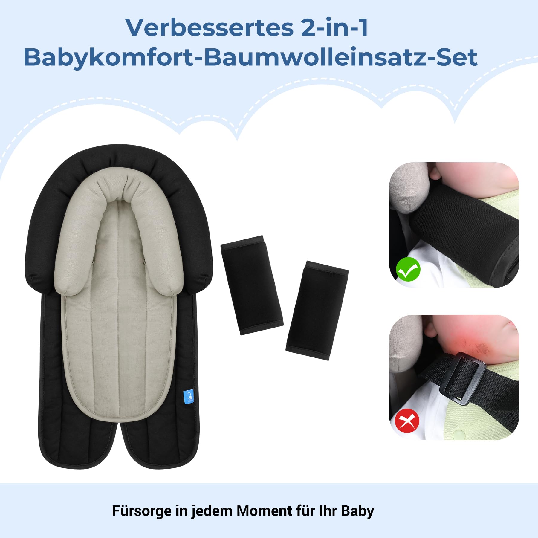 INFANZIA Réducteur De Siège Universel 2 En 1 Avec Rembourrage Ceinture Et Appui-Tête - Noir Pour Nacelle, Poussette Et Siège Auto