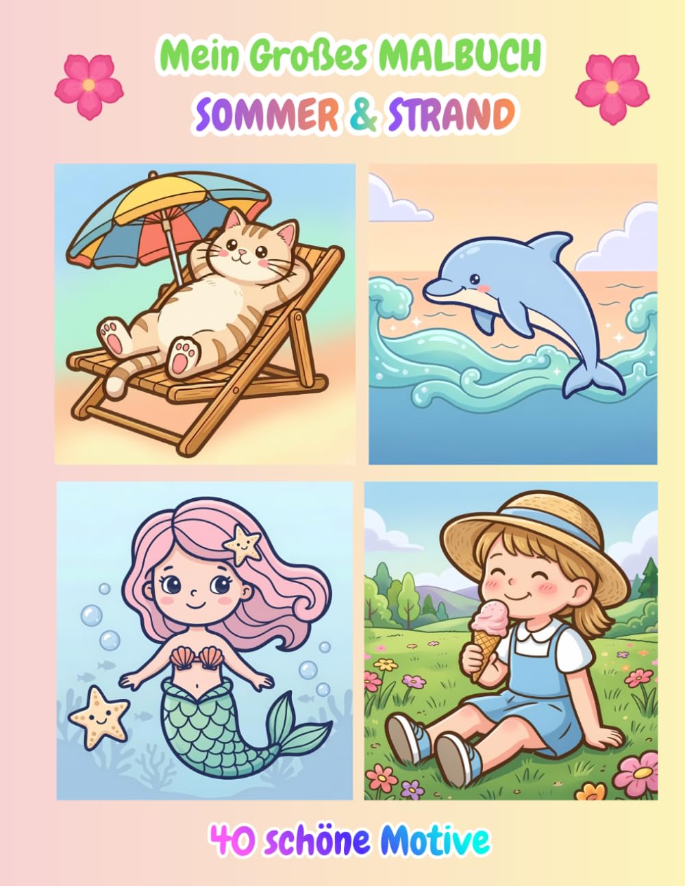 Mein Großes MALBUCH SOMMER & STRAND - 40 schöne Motive: Süße Malvorlagen für Kinder mit Meerestieren, Strandabenteuern, leckeren Eis und zauberhaften Sommermomenten