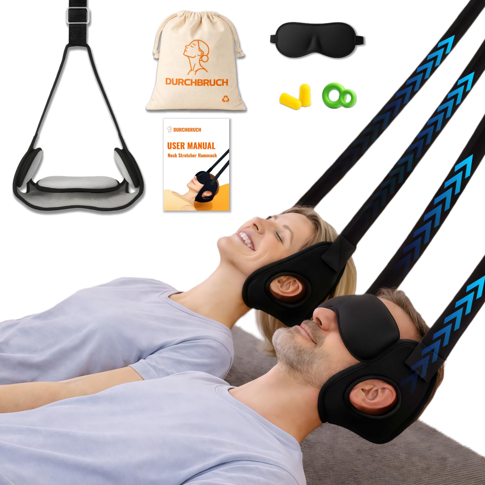 Durchbruch Neck Stretcher Hammock for Neck Pain &amp; Tension, Adjustable Cervical Traction Device with Removable Pads, Silicone Protectors, Eye Mask, Earplugs &amp; Storage Bag