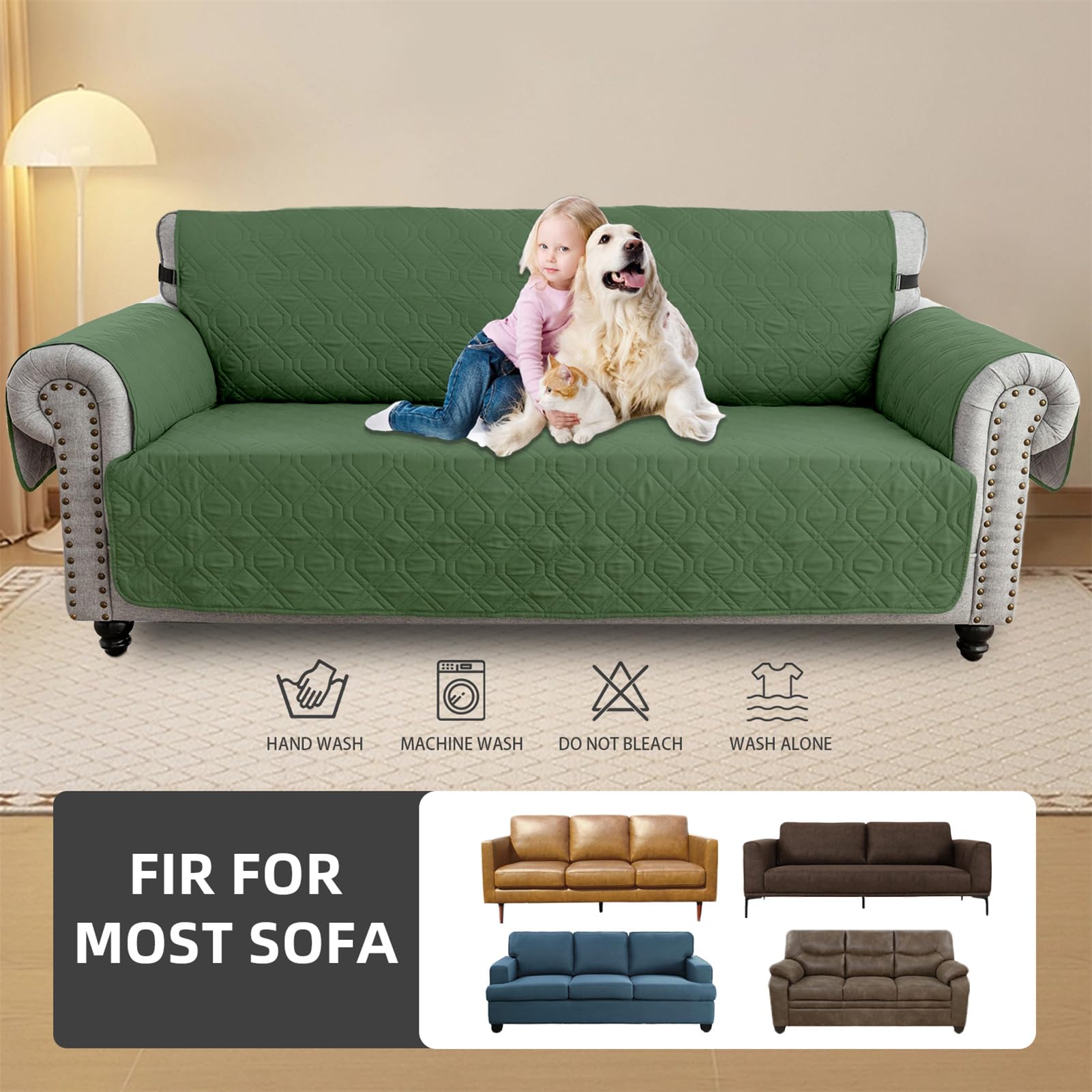 Funda impermeable para sofá de 2 plazas, apta para mascotas, con reposabrazos, resistente a los arañazos, ajuste universal para sofás de 1 a 4 plazas, color verde