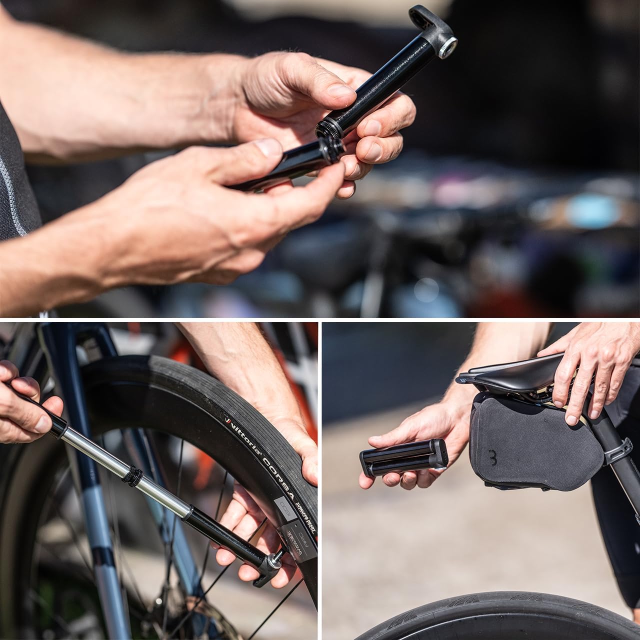 BBB Cycling Doubleshot Bike Pump – Lightweight Mini Pump with Removable Hose – High Volume Function and High Pressure – Valve Cap – Black