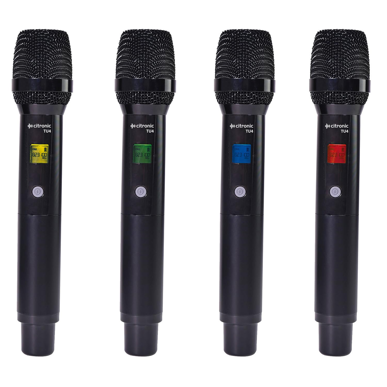 Citronic Sistema de micrófono inalámbrico cuádruple con frecuencias sin licencia UHF sintonizables, escenario, teatro, rendimiento | 4 micrófonos de mano inalámbricos UHF, ecualizador independiente de