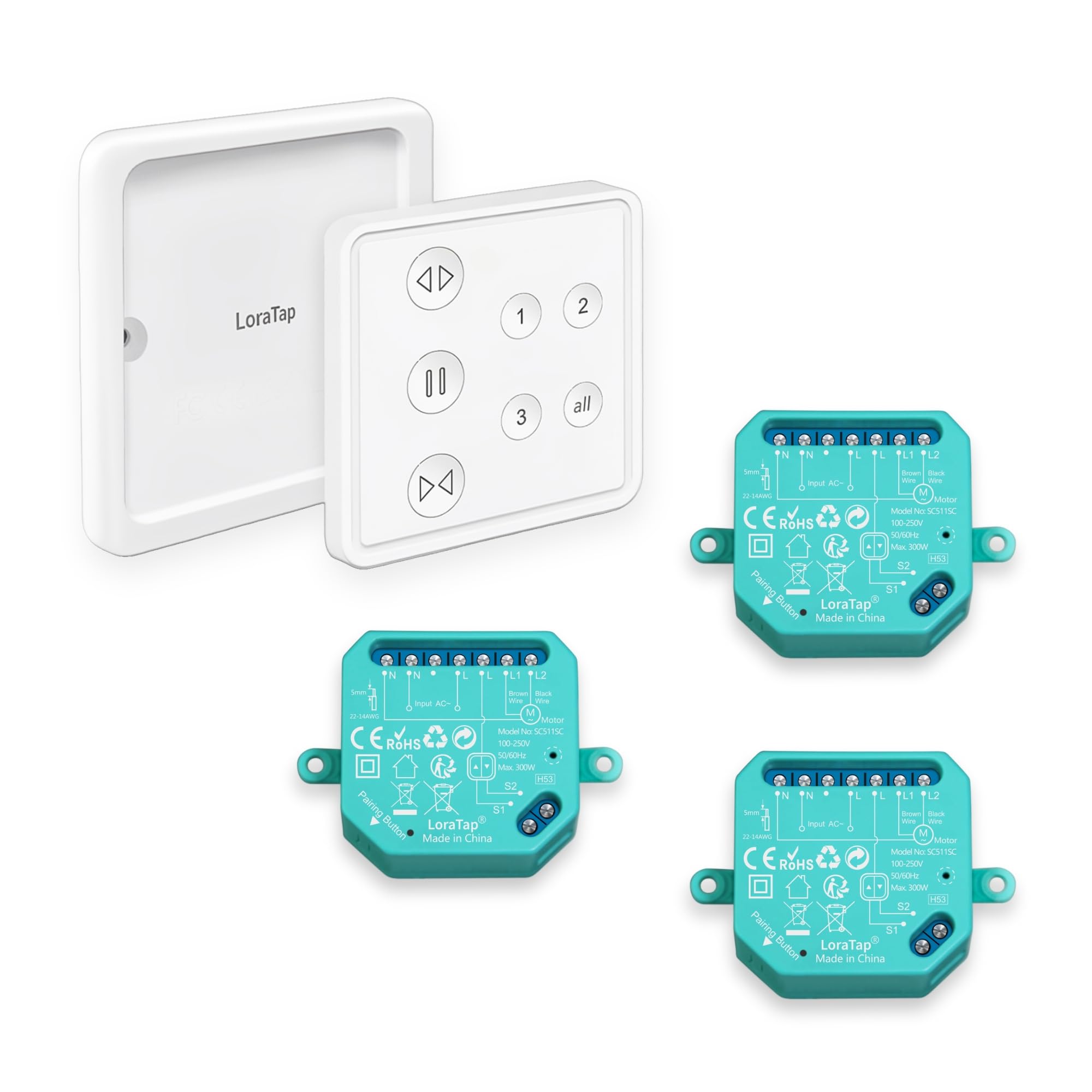 LoraTap Comando 3 Tapparelle: 1 Telecomando 3 Motori Senza Ricablaggio 230V | Singolo o tutti – Niente Wi-Fi o app – Interruttori mantenuti – Veneziana/Tenda da sole/Aprifinestra