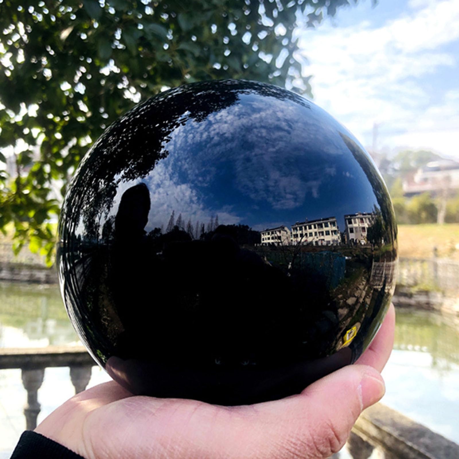 CYVXCPPGI Black Obsidian Ball with Wood Stand Black Crystal Ball Polished Stone Sphere Orb Figurine Decor for Home Decor,Fortune Teller,18cm/7.1in