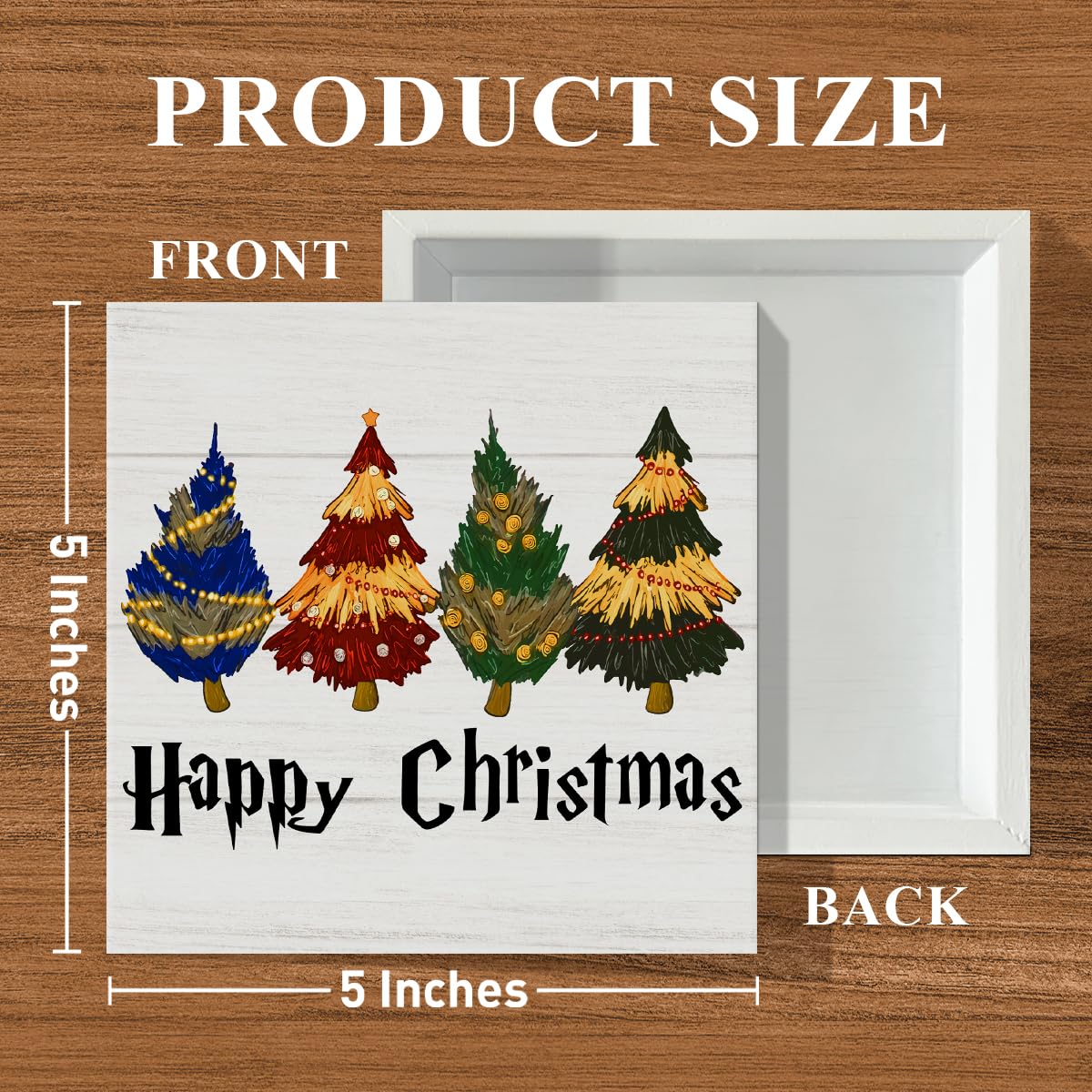 Condition photo showing New/Like New for Funny Wizard Christmas Trees Decoration Christmas Magic Pine Trees Wood Box Sign for Home Desk Table Top Shelf