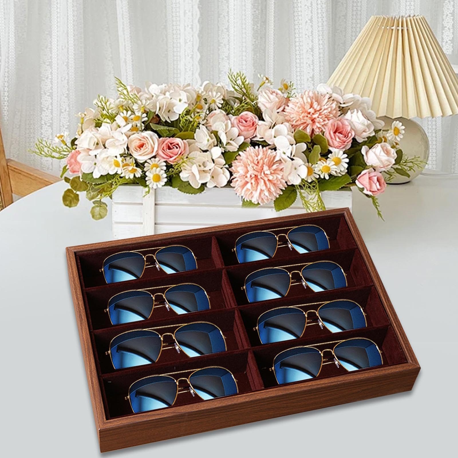 Étui de Rangement pour Lunettes de Soleil, Présentoir pour Lunettes de Soleil, Pouvant Contenir Plusieurs Paires de Lunettes, Bijoux Multi-usages, Mon, Noyer Sans Couvercle
