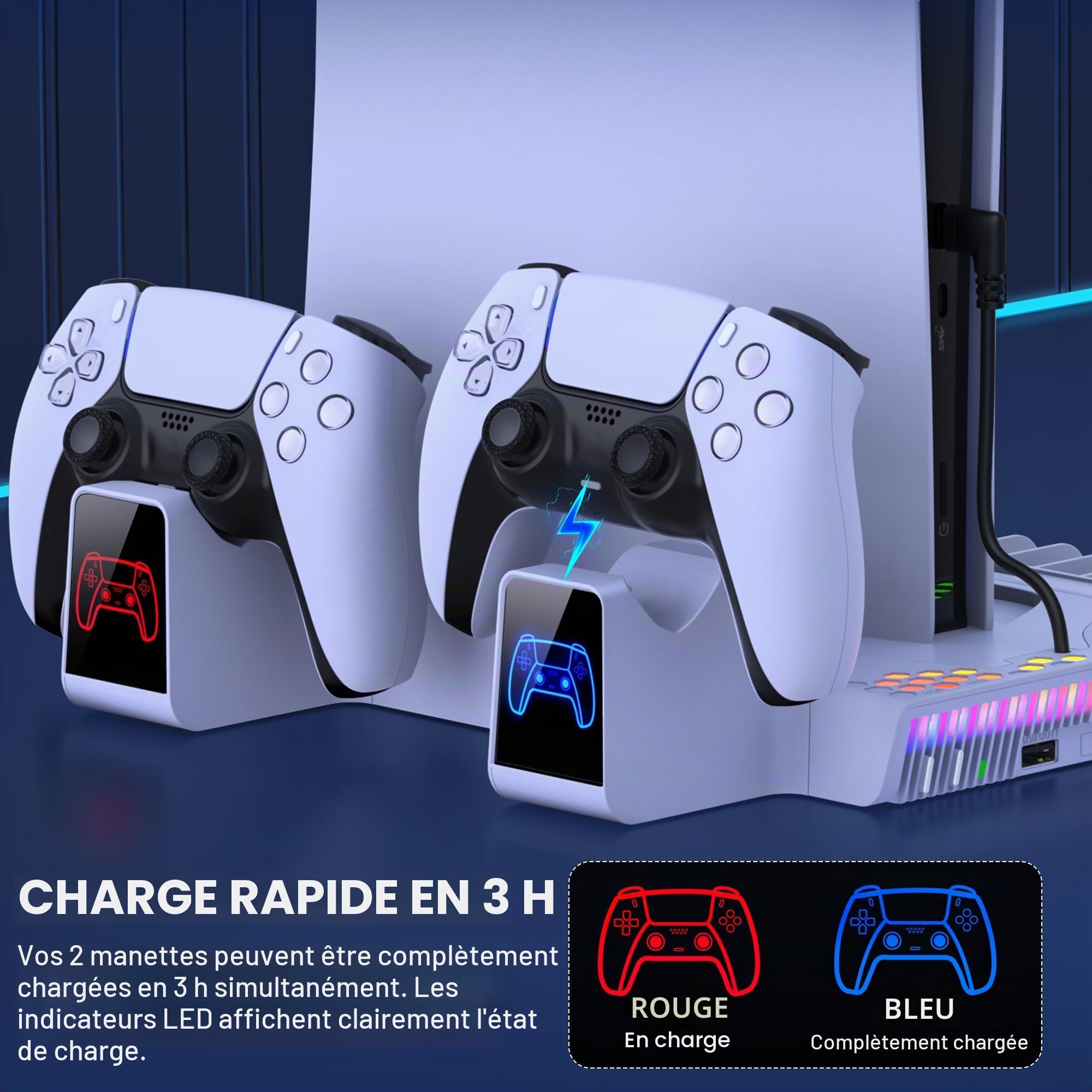 HELLCOOL Refroidisseur PS5, Support PS5 avec Ventilateur de Refroidissement/Chargeur Double Manette/14 Emplacements de Jeu/Lumières RVB/Port USB, Socle PS5 pour PS5 Disc/Digital Edition/PS5 Slim