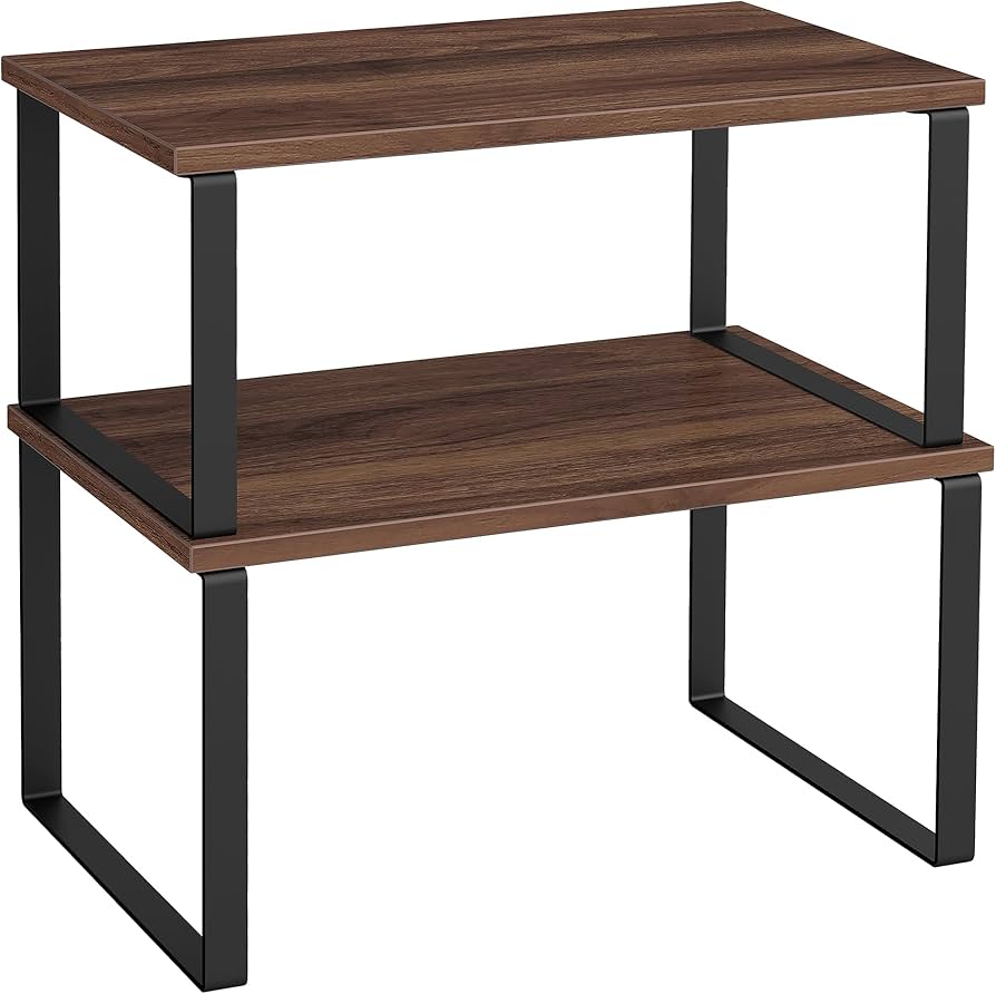 SONGMICS Cabinet Organizer Shelf, Set of 2 Kitchen Counter Shelves, Kitchen Storage, Spice Rack, Stackable, Expandable, Metal and Engineered Wood, Natural Walnut and Matte Black UKCS020K01