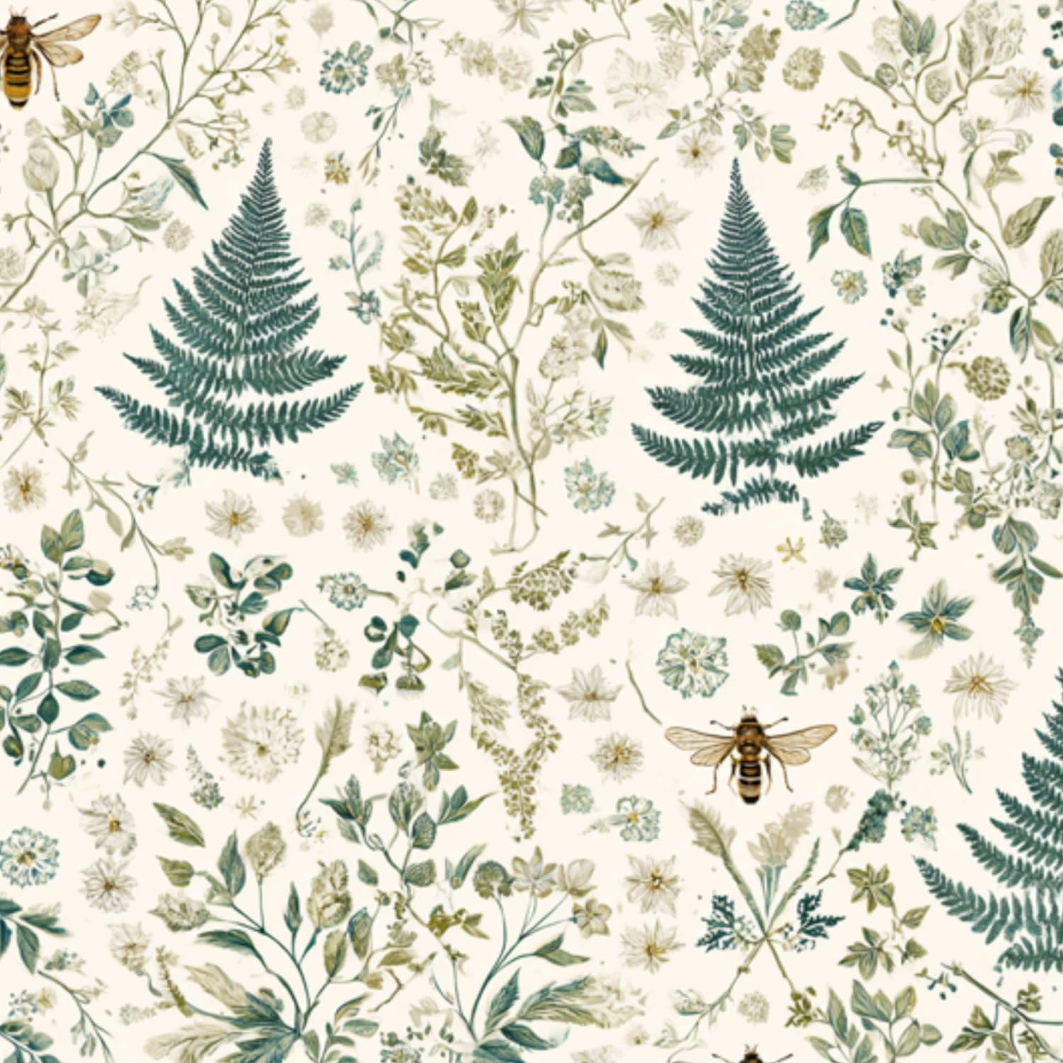 DERUINVAIO Self Adhesive Feature Removable Romantic Countryside Fern Peel and Stick Vinyl Wallpaper Roll, Sticky Lining Paper for Bedroom, Living Room, Kitchen Walls