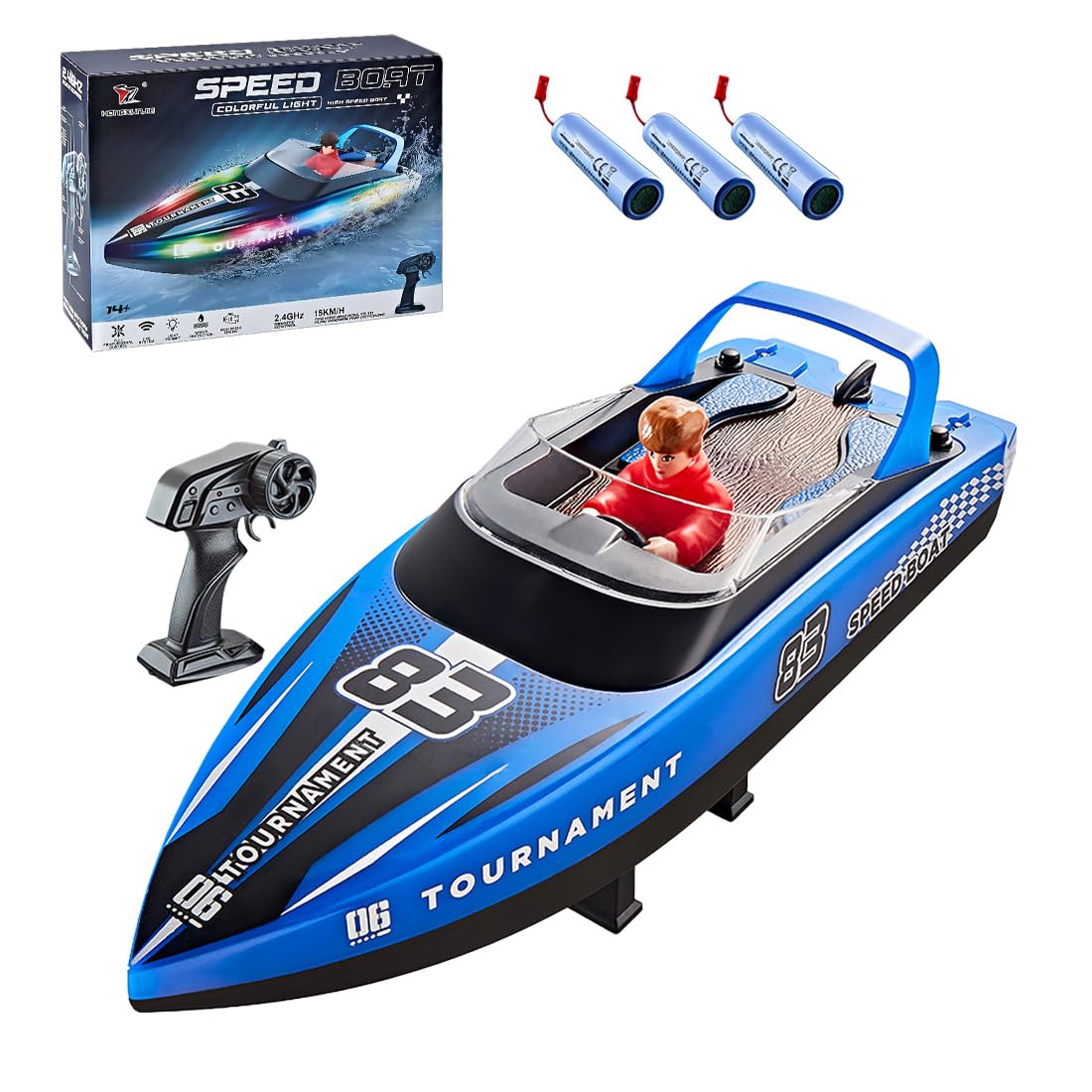 NULA Barco teledirigido para piscina, lago y estanque, 15 km/h, con anillo de iluminación LED, doble motor, 2,4 GHz, barco teledirigido para adultos aficionados (azul/3 baterías)