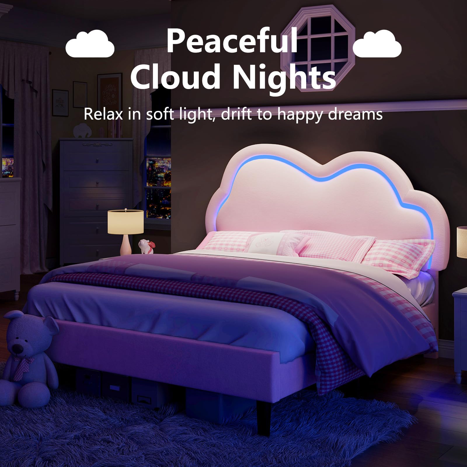 LUXOAK Cadre de lit 140 x 200 cm pour Fille, avec tête de lit en Forme de Nuage réglable, revêtement en Velours, éclairage RGB, Espace de Rangement de 18 cm sous Le lit, sans sommier, Couleur Rose.
