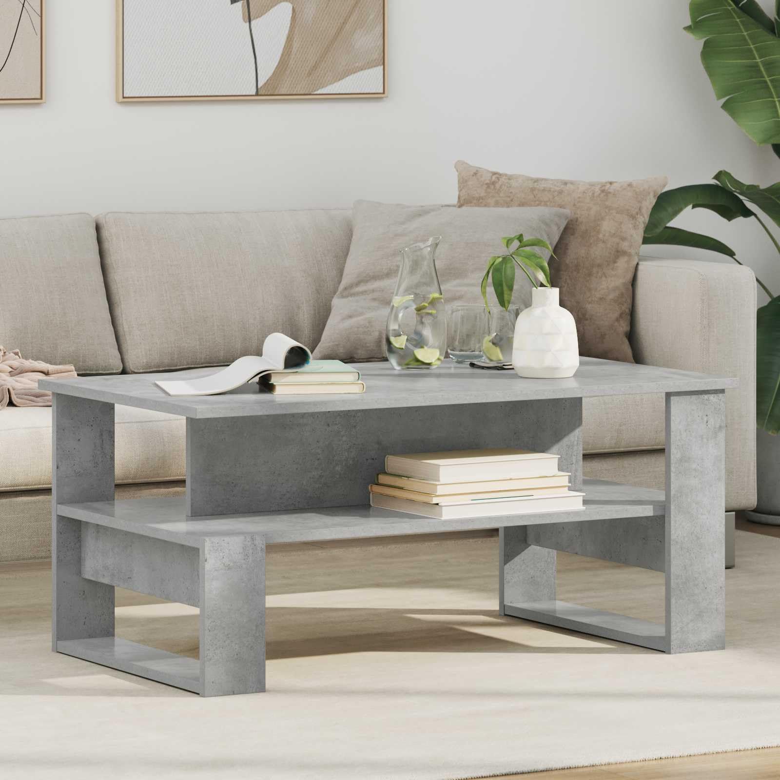 Table basse en béton gris avec étagère pour ranger et désencombrer le salon