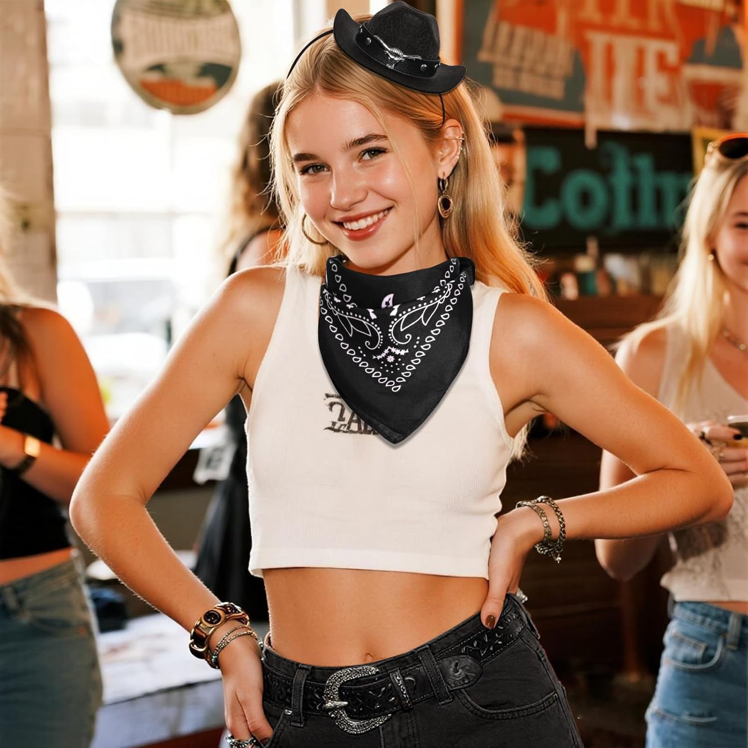 Mini Cowboy Hat Mini Cowgirl Hat Headbands for Women with Bandana Cowgirl Accessories Halloween Cowboy(Novelty Black) - Image 7