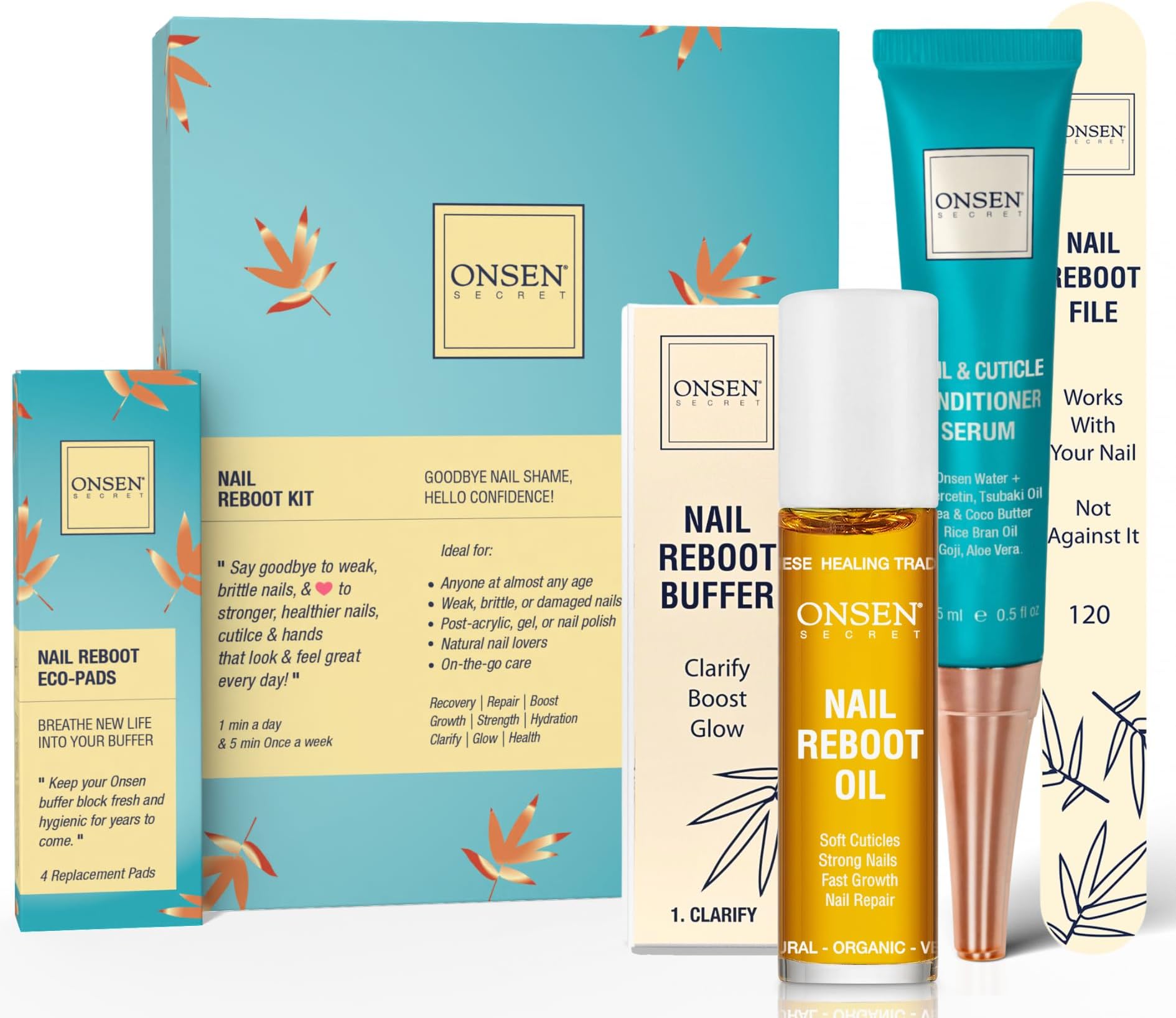 Onsen Secret Complete Nail Reboot Kit w/Cuticle Oil 10ml, Nail File 120/180 Grit Double Sided, A 3-Way Nail Buffer Block & Cuticle Serum-15ml w/Nail Oil in Action-Super Value Pack