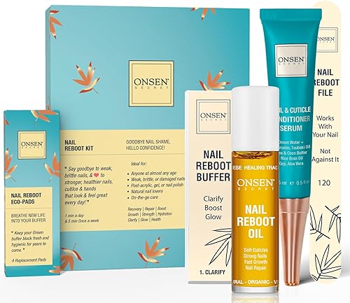 Onsen Secret Kit completo de reinicio de uñas con aceite de cutícula de 0.3 fl oz, lima de uñas de grano 120180 de doble cara, un bloque