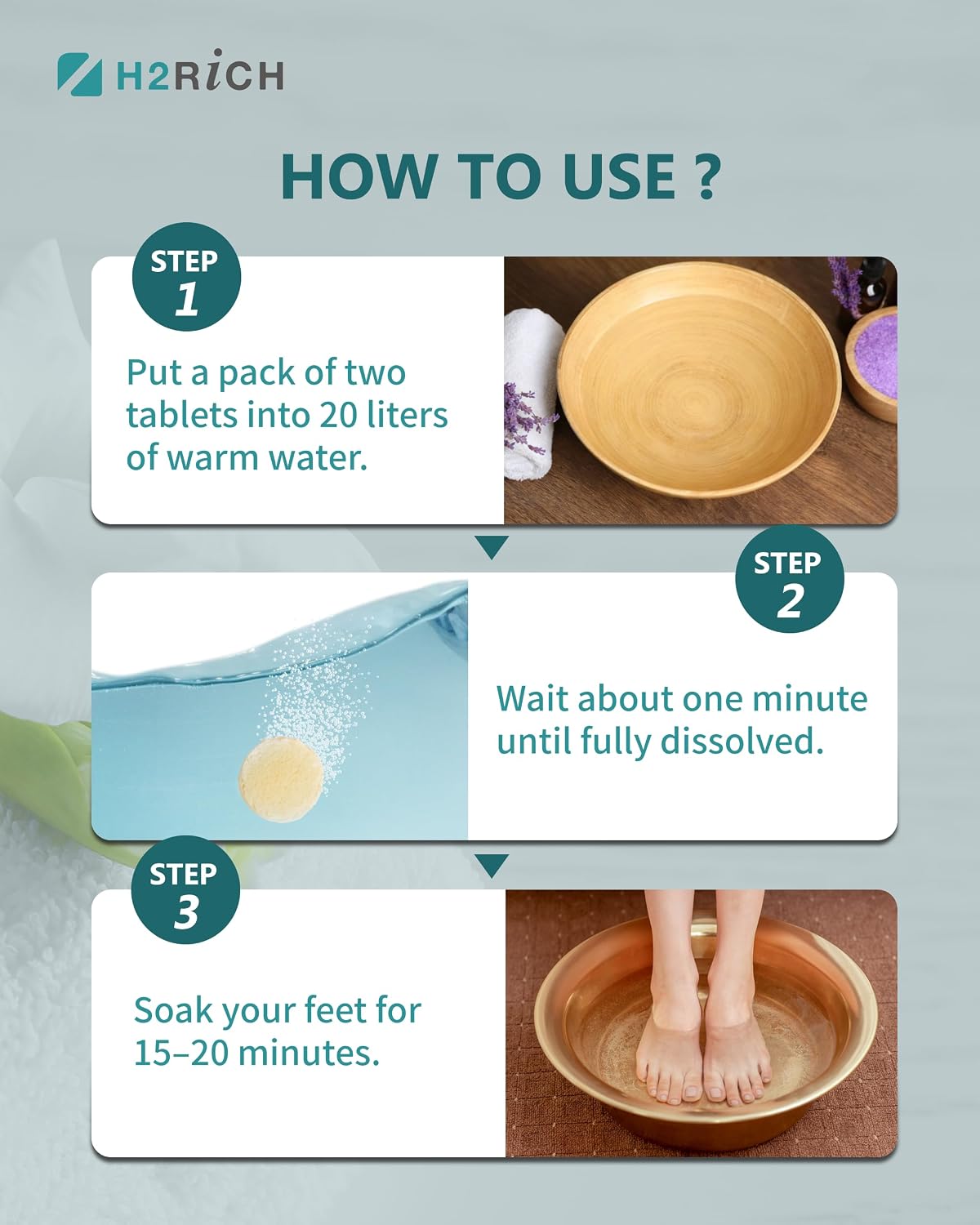 Hydrogen Foot Soak Effervescent Tablets 3 Pack | Ginger & Mugwort Herb Foot Bath, Relaxing Spa Pedicure Care | Improves Circulation, Soothes Tired Feet, Softens Calluses, Controls Odor