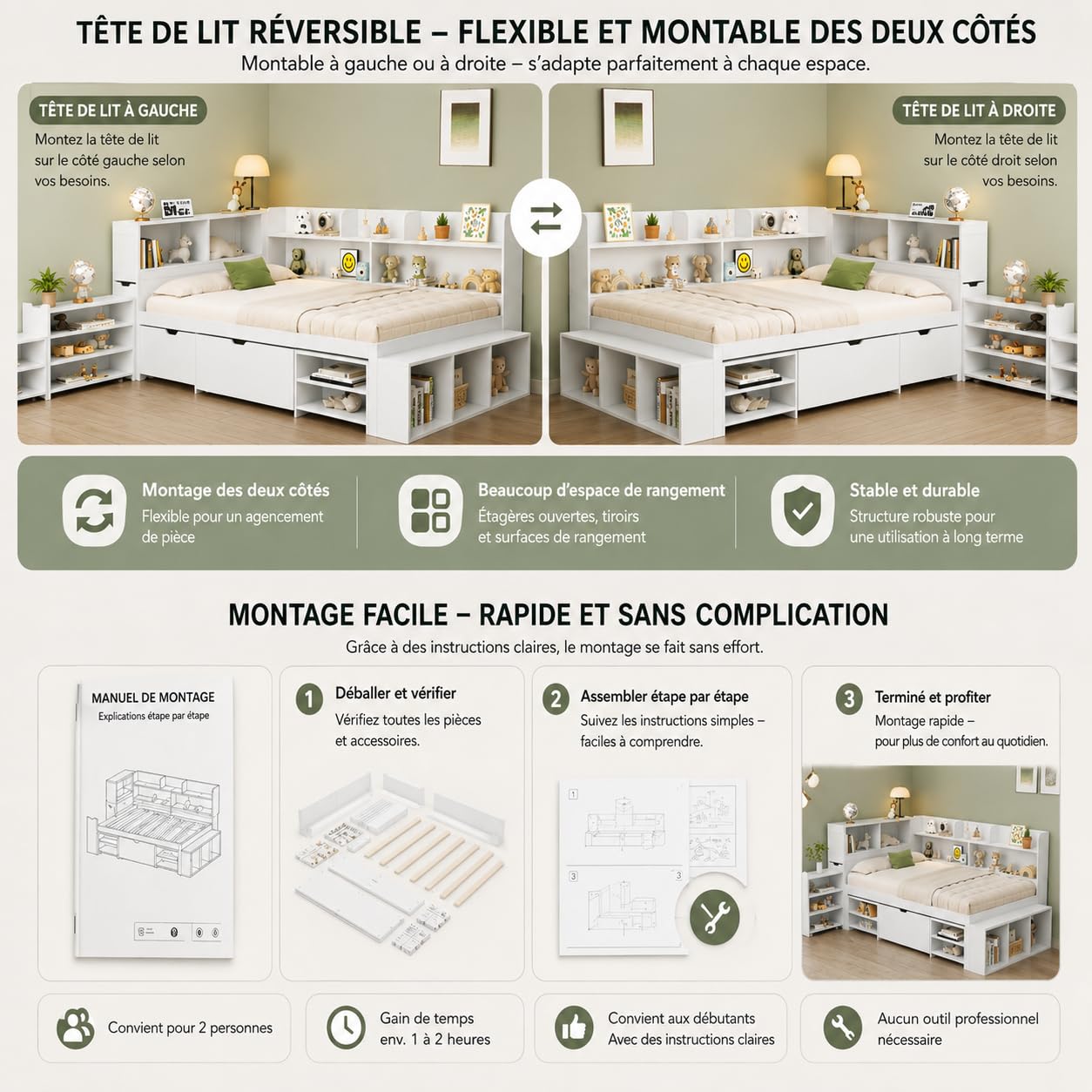 Lit Enfant 140x200 cm avec Rangement, Cadre de Lit Enfant Multifonctionnel avec Tiroirs, Bibliothèque Intégrée et Casier de Rangement, Structure en Métal avec Sommier à Lattes, Blanc