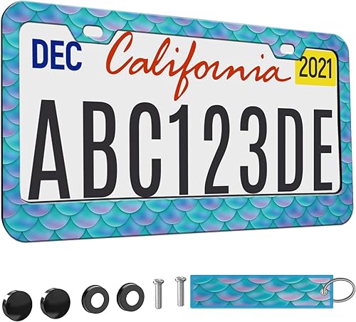 Miniatura 15 de 2 piezas Marco de matrícula azul con diseño de bosque montañoso para mujeres, marcos de etiqueta decorativa de coche azul montañoso para chicas,