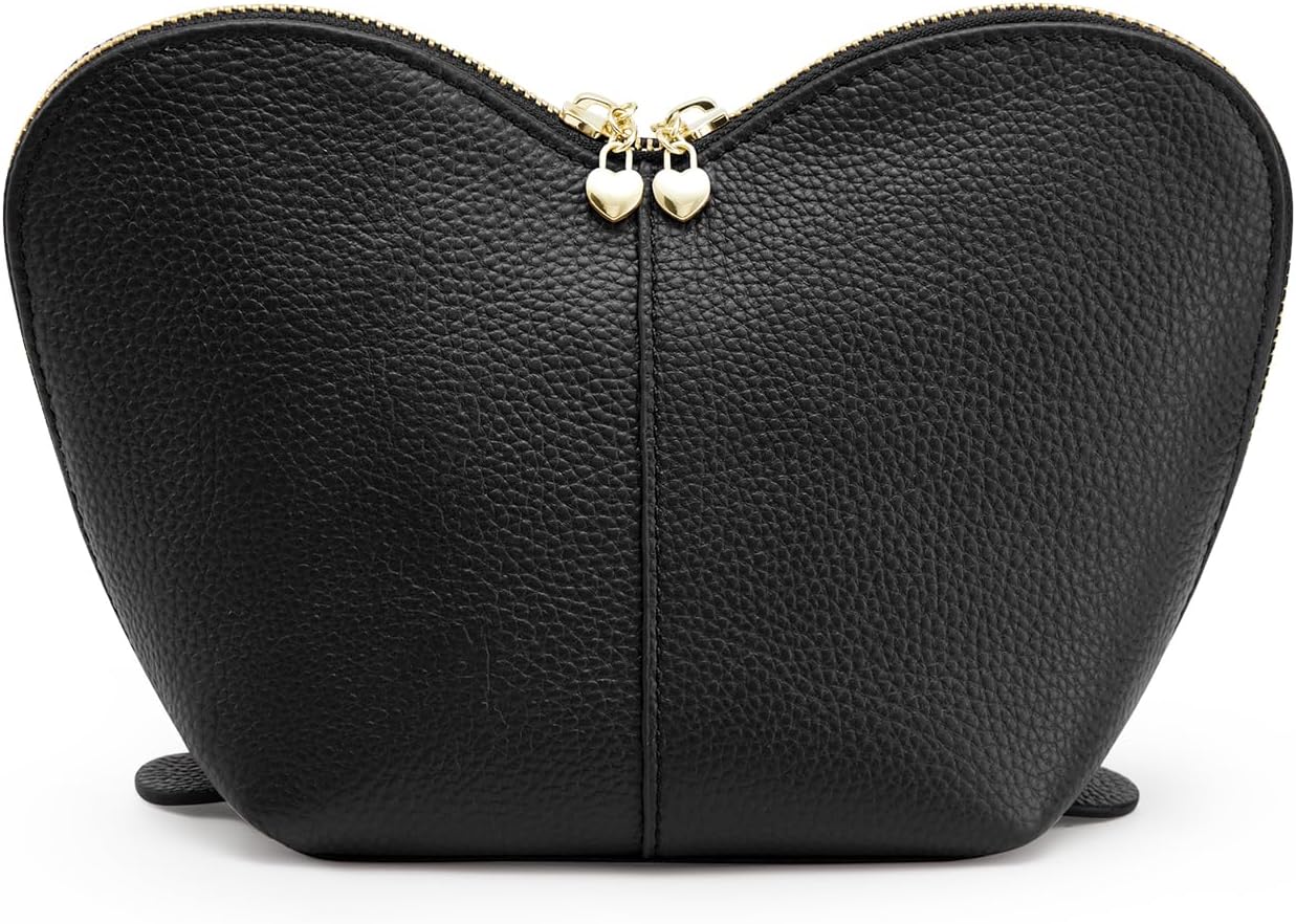 Kattee Leather Makeup Bag, Travel Large capacity Comestic Bag for Women, Heart Shaped Portable Organizer Toiletry Bag for Working,Khaki