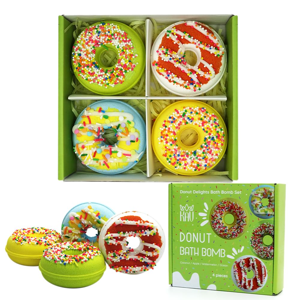 KAV Donut Bath Bombs Gift Set – 4 Piece Handmade Organic Bath Bomb Kit with Essential Oils – Relaxation Spa Gift for Women, Men, Teens, Kids – Self Care &amp; Aromatherapy Soak (Fresh)