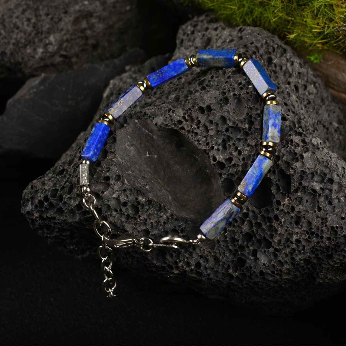 Men’s Beaded Lapis Lazuli Gemstone Bracelet - Handcrafted Original Design, Gold-Plated Hematite Accents, Adjustable Dual-Clasp, Thickened Steel Wire, 6.89–8.8 Inch, Gift for Men Everyday Wear