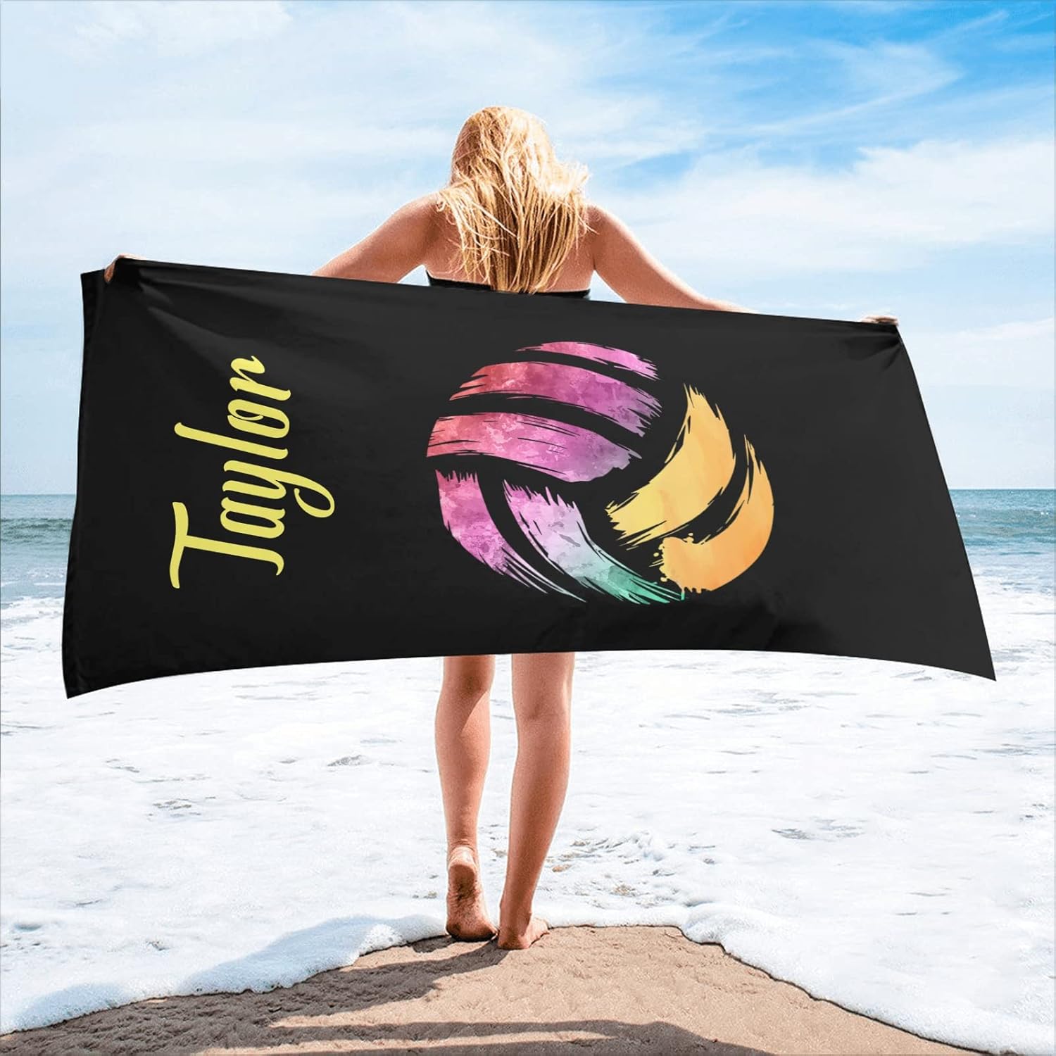 Personalized Colorful Volleyball Beach Towel with Name Sand Free Towels 2 Sides Printed for Traveling Swimming Camping Hiking 30 X 60 inch