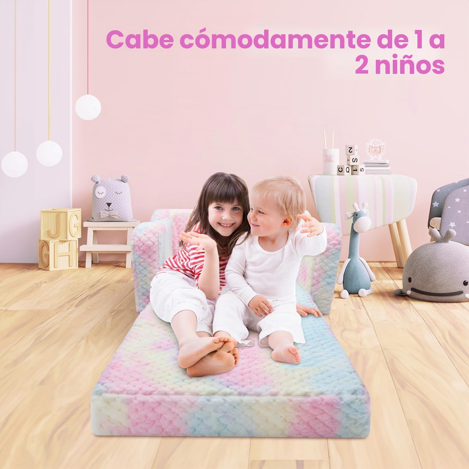 decalsweet Sofás Plegables para Niños Sillón con Almohada Estelar 2 en 1, Sillón Infantil Cómoda Estable con Bolsillo de Tela, Sofá Cama Asiento para Bebé para Dormitorio Salón,Textura Rosa