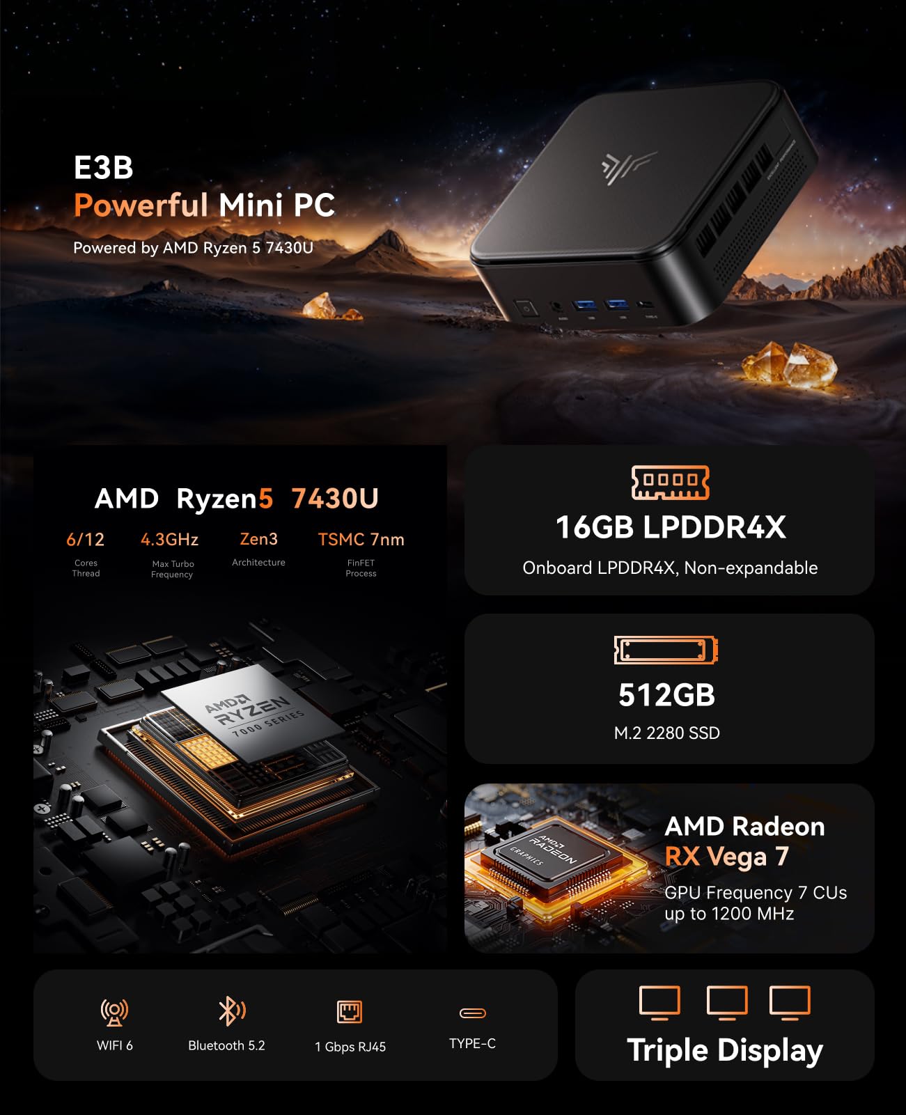 NiPoGi E3B Mini PC AMD Ryzen 5 7430U(Bis zu 4,3GHz) 16GB LPDDR4 512GB SSD mit AMD Radeon Graphics Micro Desktop Computer Für Büro/Heimkino/Meeting/Business/Trip |WiFi 6|BT 5.2|USB3.2