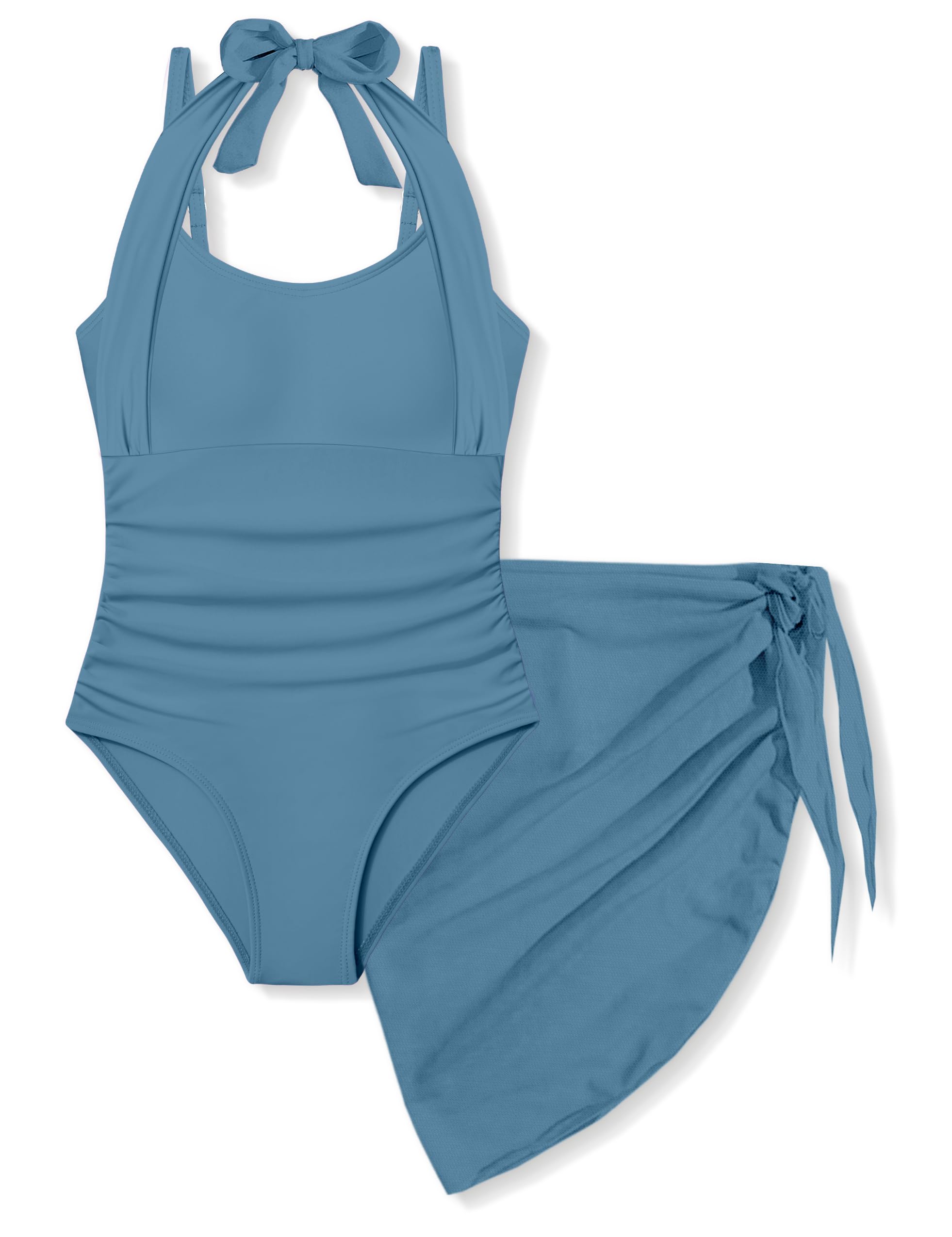 Girls Swimsuit Set - Halter Neck One Piece Bathing Suit with Tropical Cover Up Skirt Swimwear for Kids 7-18Y