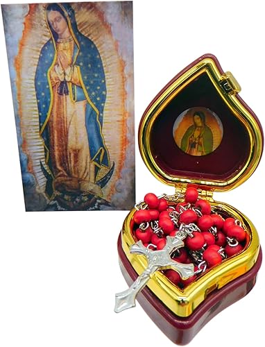 Westmon Works Our Lady of Guadalupe - Juego de rosario de lujo con cuentas de madera y rosas perfumadas con estuche en forma de corazón y tarjeta