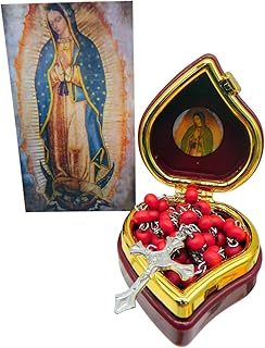 Westmon Works Our Lady of Guadalupe Deluxe Rosary Set Wooden Bead and Rose Scented with Heart Shaped Case and Holy Card