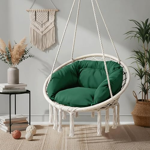 Miniatura 6 de MoNiBloom Silla Colgante de Hamaca con Cojín Verde Oscuro, Silla de Macramé para Porche, Sillas Colgantes, Capacidad Máxima de 350 Lbs para Adultos