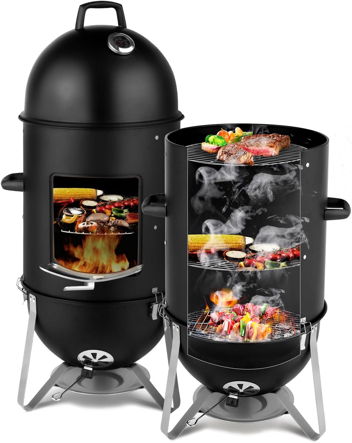 Vertical 18.8 Inch Steel Charcoal Smoker, 3-in-1 Portable, Black