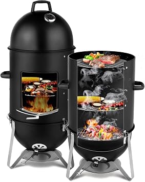 Vertical Steel Charcoal Smoker, Heavy-Duty 3-Layer BBQ Grill with Built-In Thermometer, 46.8" Outdoor Smokey Mountain Cooker for Backyard & Camping, Black