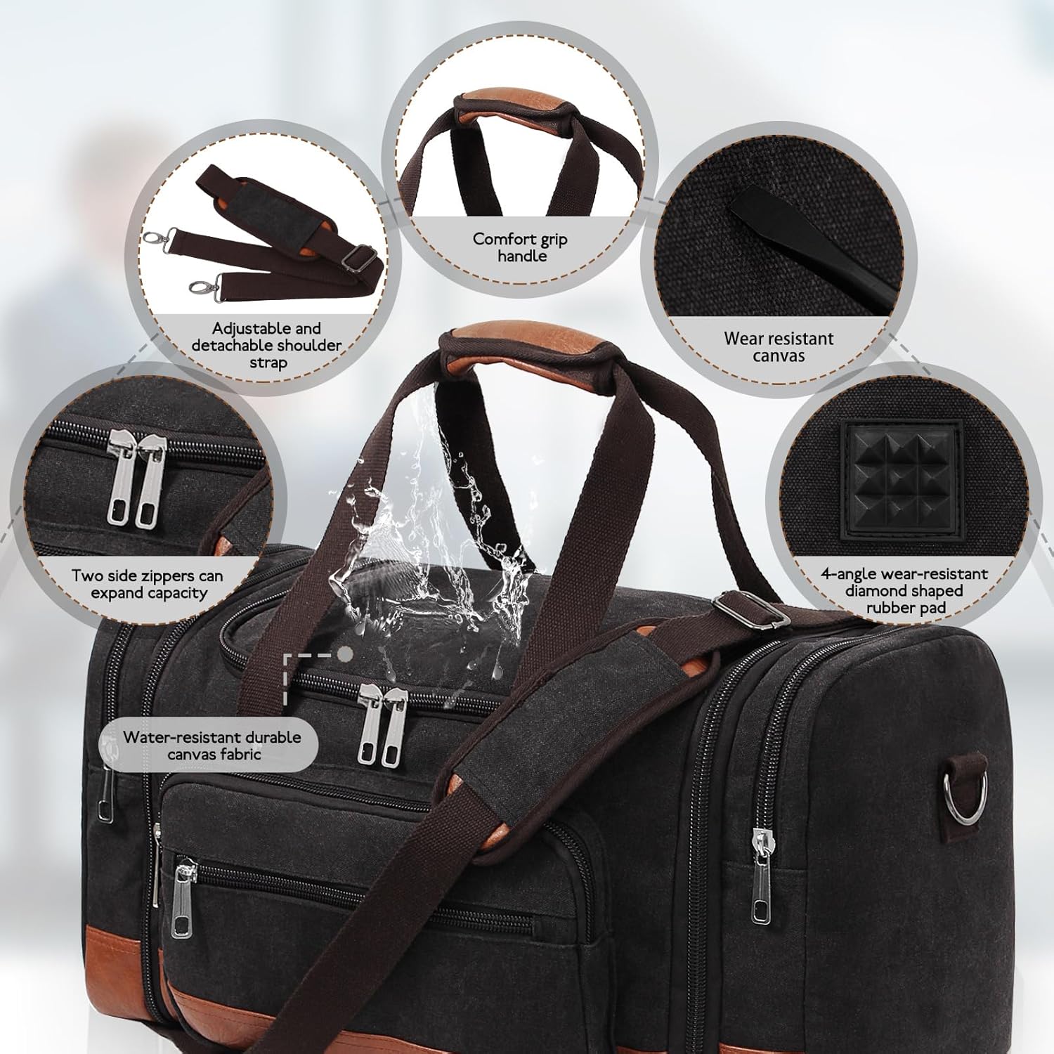 Men'S Duffle Bag For Travel, Expandable Canvas Duffel Bags Overnight Weekend Gym Carry On Luggage Bag For Men(Black) - Image 5