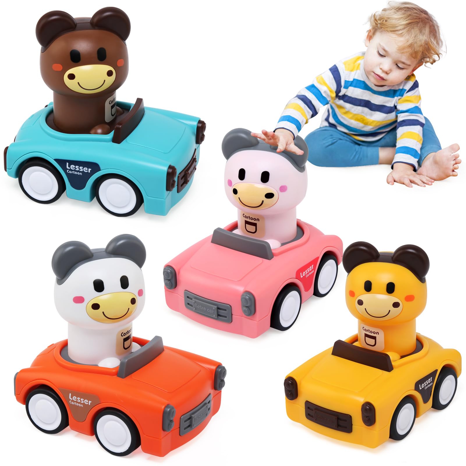 Ballery Toddler Toy Cars, 4Pcs Press and Go Baby Toy Cars for 1 2 3 Year Old Boys Gifts