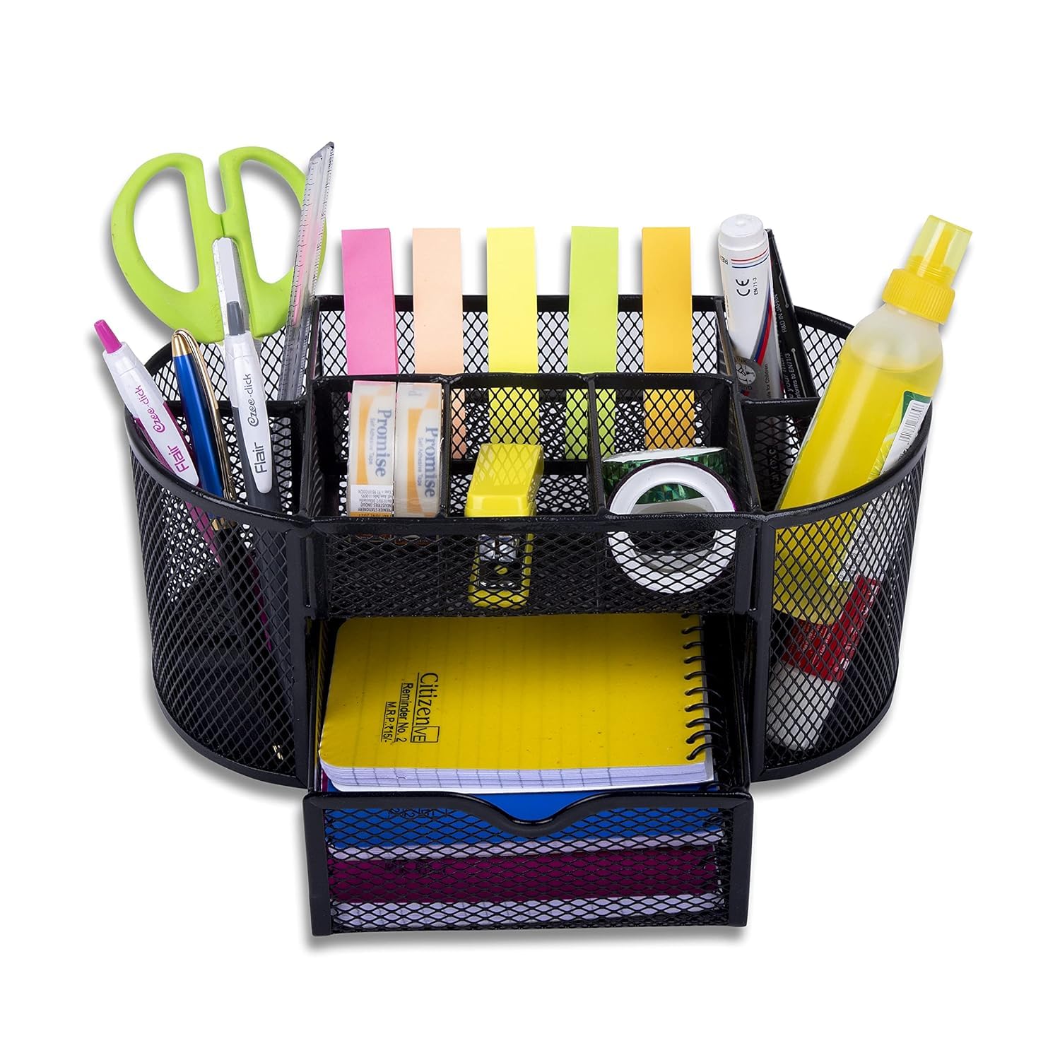 OFIXO Combo – Schreibtisch-Organisation, 9 Fächer, Metallnetz, Schreibtisch-Organizer und 400 Blatt bunte Haftnotizen – perfekt für Büro, Zuhause und Schule