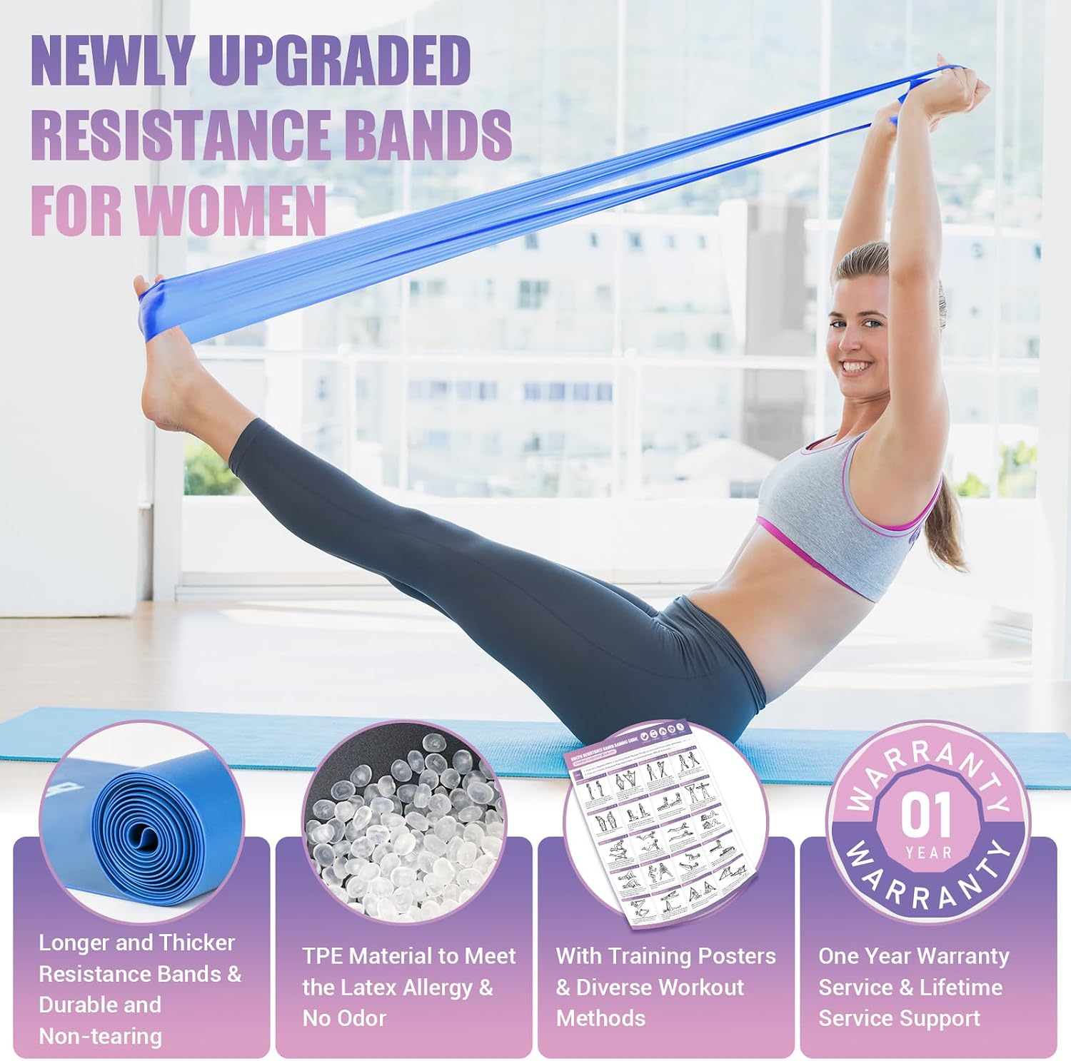 Resistance Bands for Physical Therapy Women, Extended 5.9Ft Exercise Stretch Bands for Yoga, Pilates, Rehab, Fitness and Strength Training, Elastic Workout Bands with Training Poster