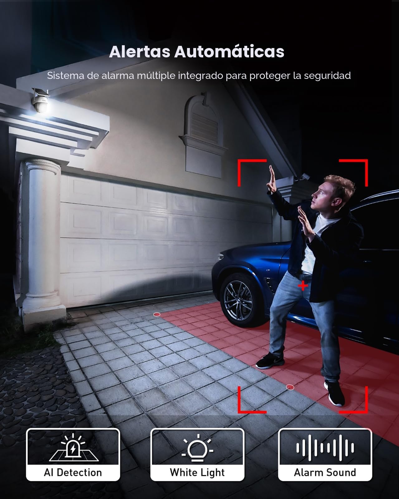 aosu 2 Paquetes Camara de Vigilancia WiFi Exterior Solar Cámaras Exteriores de Seguridad, Pannello Solare Fisso, 3MP 2K HD, 360 Gradi PTZ, Visione Notturna a Colori, Allarme Luminoso e Sonoro